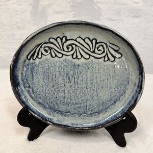 Japan Bonsai Studio Pottery Artist Signed Abstract Design Oval Tray Plate